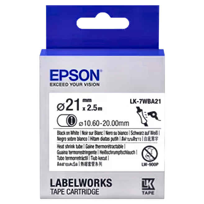 EPSON 標籤帶 熱縮套管 白底黑色 直徑21mm, 白色, 2.5m