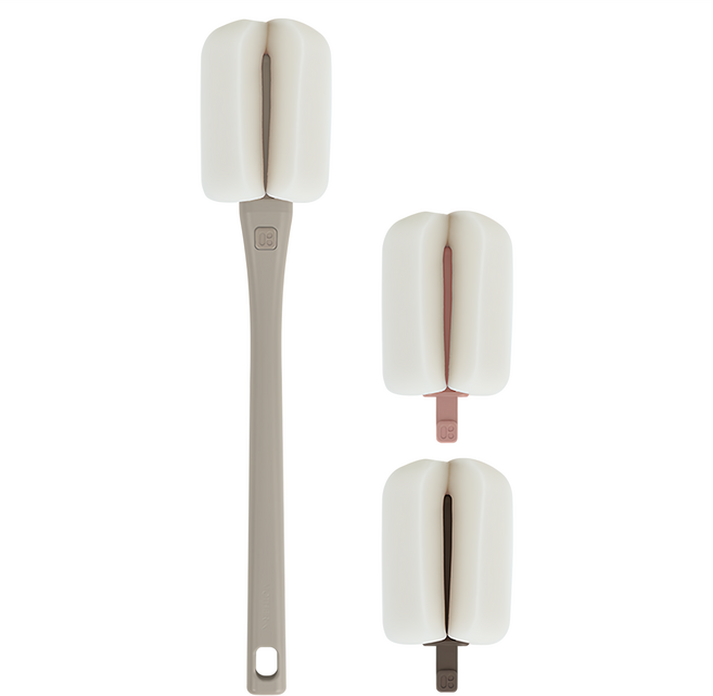 MOTHER-K 極簡奶瓶水杯海綿刷套裝 奶瓶刷5.4x30cm (海綿頭5.4x10cm) 含1手把+3刷頭 德國高密度海綿, 亞麻棕, 1組