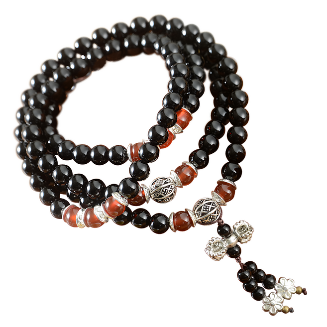 財神小舖 108珠黑玉髓藏銀手鍊, 黑色, 1條