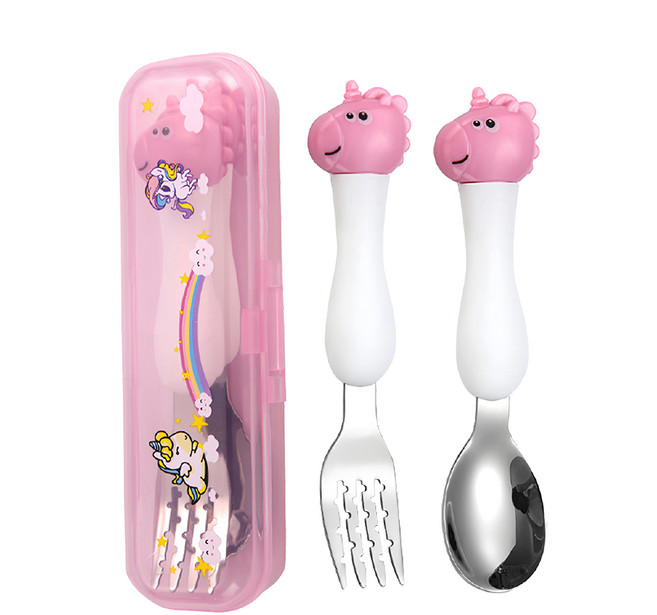 兒童304不鏽鋼可愛卡通餐具組, 湯匙 + 叉子 + 盒子, 粉色獨角獸, 1組