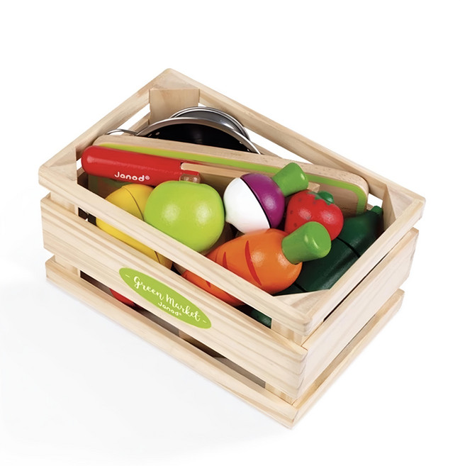 Janod 妙廚師好料理 蔬果藍 + 菜刀 + 砧板 + 甜菜根 + 紅蘿蔔 + 櫛瓜 + 番茄 + 檸 + 蘋果 + 梨 + 洋蔥 + 草莓 3歲以上, 切切蔬果總匯 木紋色, 1盒