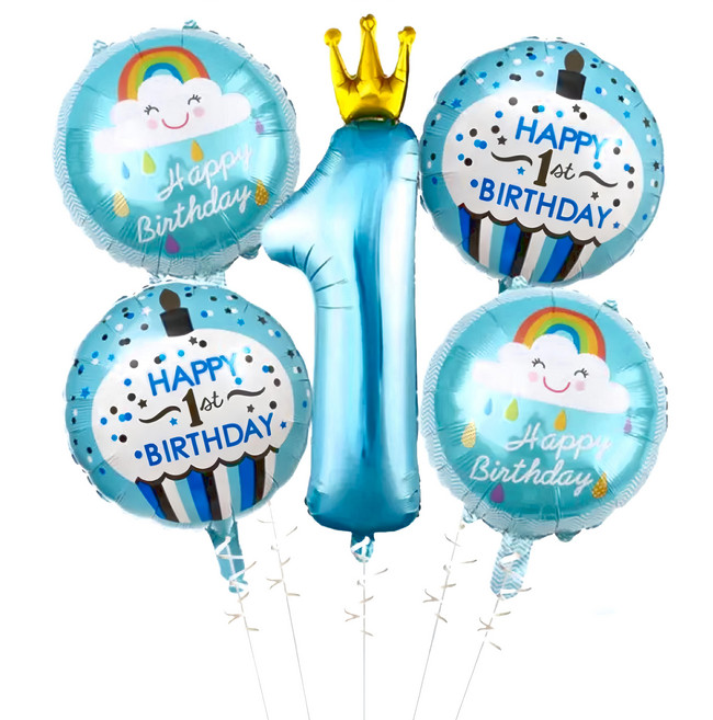 1歲鋁質氣球5件組 26吋數字 + 18吋生日鋁模氣球 + 4+10m米白色絲帶 + 塑膠吸管, 藍色, 1組