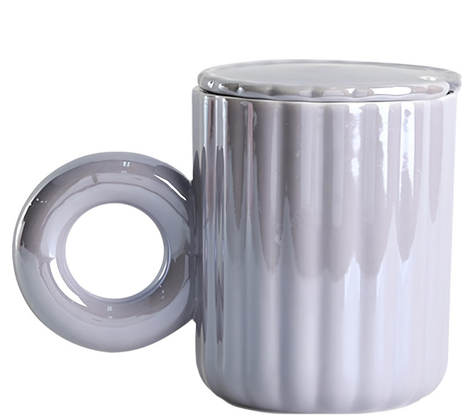 Homely Zakka 夢幻高顏值珍珠貝殼大耳朵陶瓷馬克杯/早餐杯/飲料杯 附杯蓋 + 花朵勺 禮盒裝 400ml, 珍珠紫, 1盒