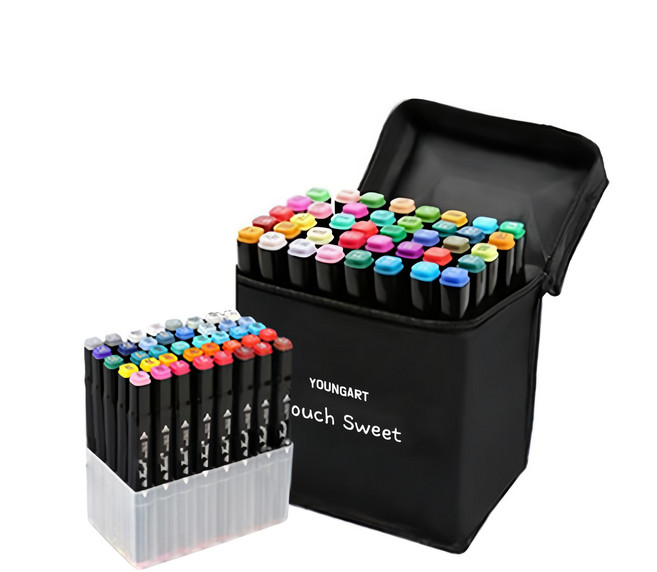 YOUNG ART 黑筆管雙頭麥克筆 附布質收納套 + PP筆筒, 多色, 1組