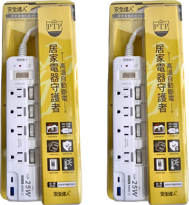 安全達人 延長線 K-60P25L 5開4插3P 25W 6尺, 1.8m, 白色, 2個