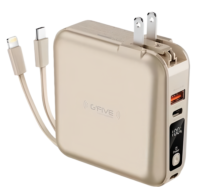 G'FIVE 基伍 22.5W五合一自帶線行動電源 10000mAh Lightning + Type-C + USB-A, GP-W10S, 金色