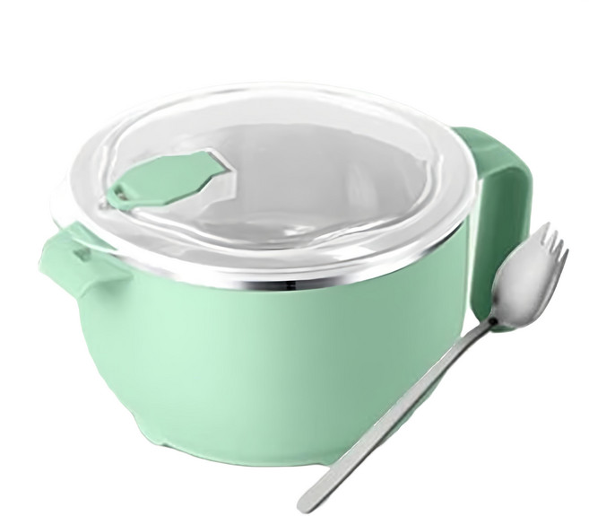304不鏽鋼帶叉匙泡麵碗 1200ml大容量, 蘋果綠, 1個