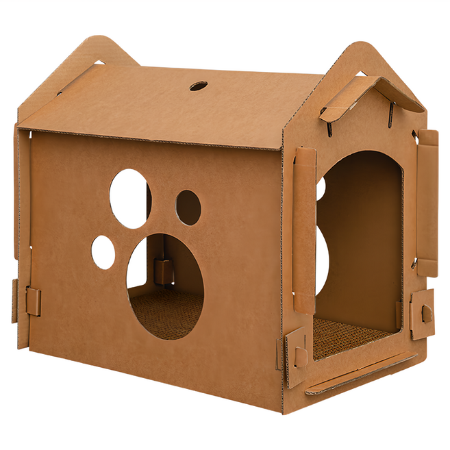 毛孩的秘密生活 獨棟紙箱王國貓宅 貓抓屋 + 貓抓板, 牛皮紙色, 1個