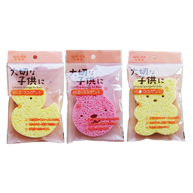 waido 和愛堂 寶寶洗澡海綿, 小鴨 + 小兔 + 小熊 黃色 + 粉色, 1個