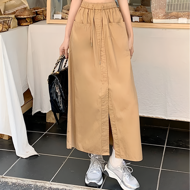 鬆緊 半身裙 工裝長裙 a字裙 前開岔雙口袋