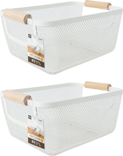 樂司廚品 小鐵多用途收納籃, 白色 + 原木色, 2個