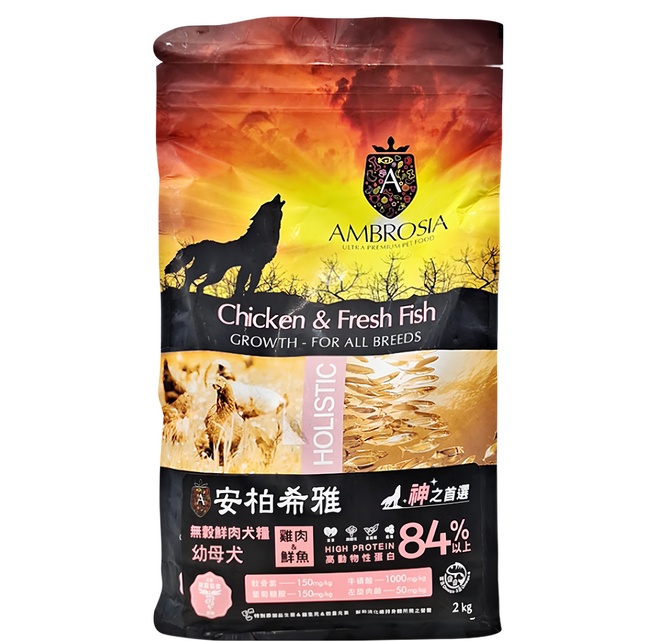 AMBROSIA 安柏希雅 幼母犬用 無穀鮮肉犬糧, 雞肉 + 鮮魚, 2000g, 1袋