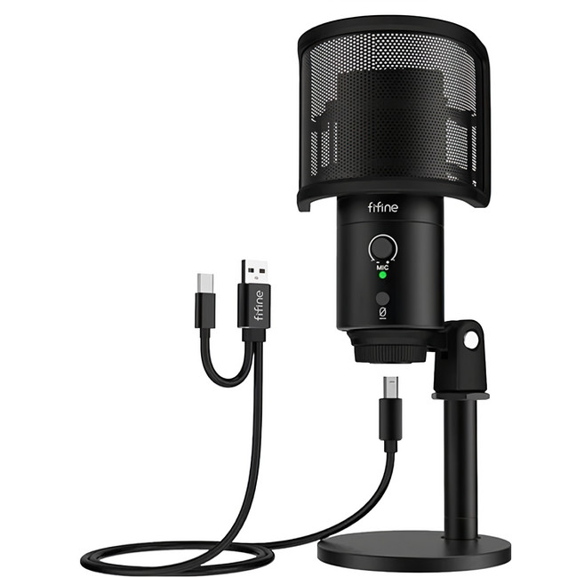 Fifine K683B USB 心型指向電容式麥克風 一鍵靜音 收音音量旋鈕, 黑色