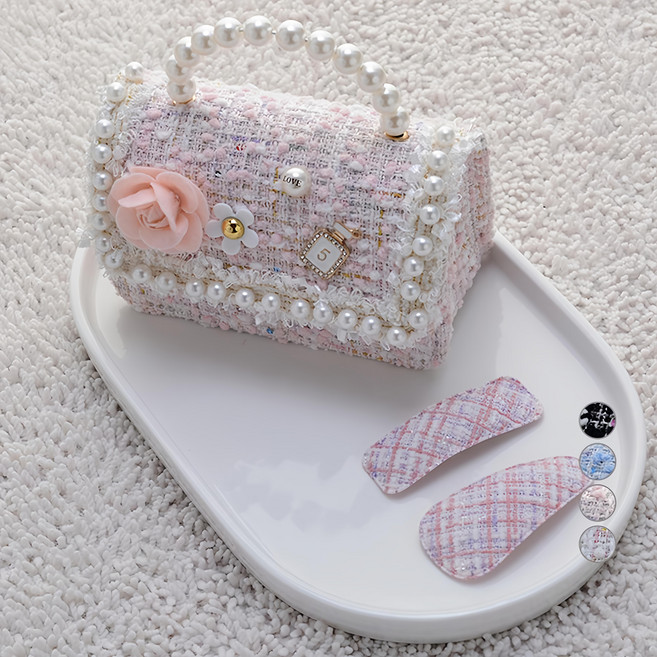 HanNal 花朵珍珠斜紋軟呢 肩背包 + 啪嗒夾 2件組