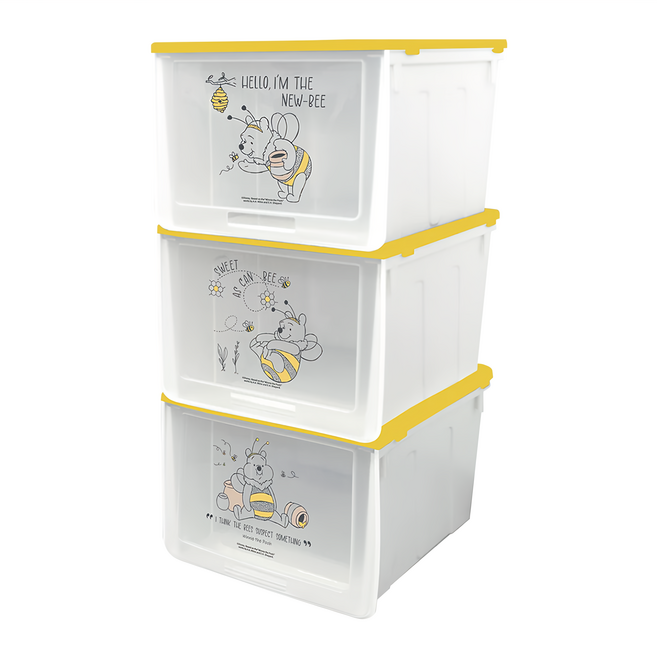 收納王妃 迪士尼小熊維尼 防塵收納鞋盒 33 x 26.5 x 21.5cm 3入, 甜如蜂蜜 黃色 + 白色 + 透明色, 1組