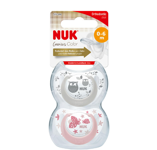 NUK Genius矽膠安撫奶嘴2入 仿母乳拇指型奶嘴 附防塵奶嘴儲存盒 德國製造, 0歲以上, 顏色隨機, 1組