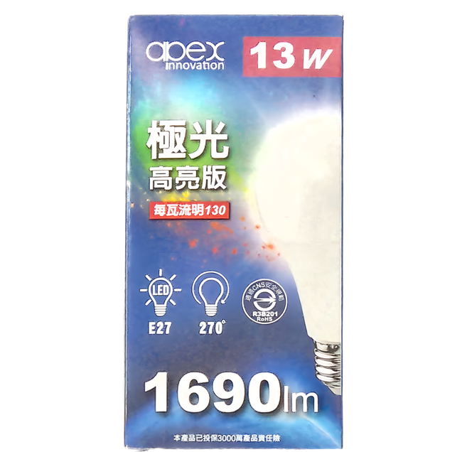 apex Innovation LED極光高亮版低頻閃燈泡 13W E27, 黃光, 1個