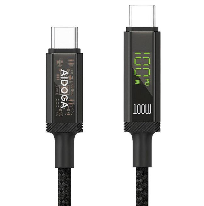 AIDOGA 艾迪伽 LQ 鎧甲系列 三合一 雙Type-C PD智能斷電數顯補電充電傳輸線 100W DC4173, 鈦灰色, 120cm, 1條