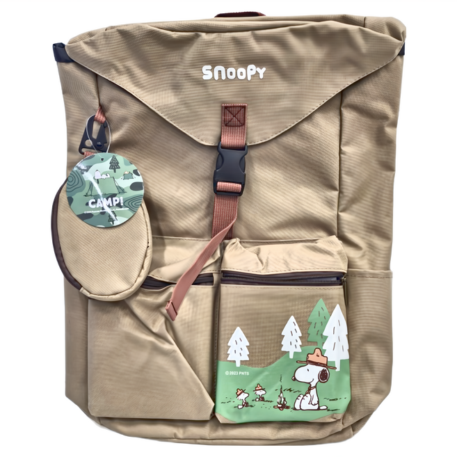 PEANUTS 史努比 野營趣多口袋機能後背包 網 SP-SFL1232BR, 沙棕