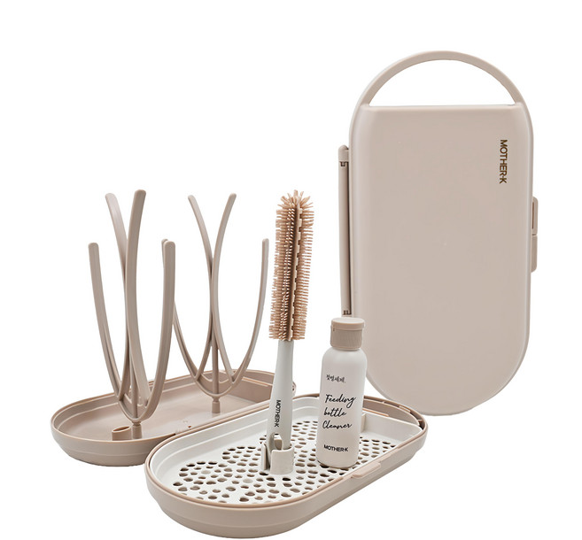 MOTHER-K 攜帶式奶瓶晾乾架, 晾乾盒 + 支架 + 迷你分裝盒 + 迷你矽膠刷頭 + 迷你矽膠手柄, 榛果奶茶色