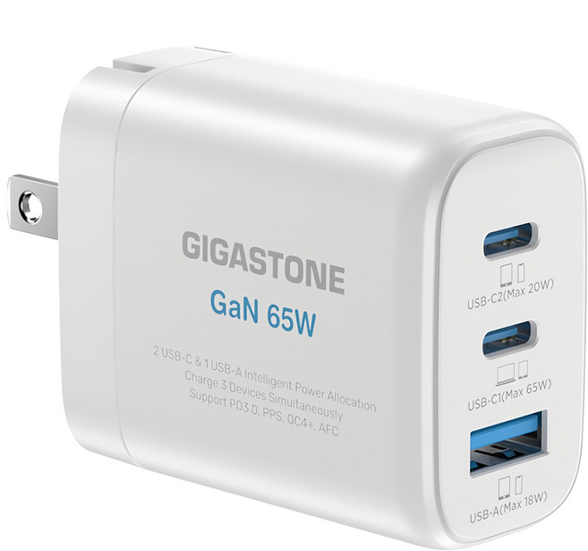 GIGASTONE 立達 GaN氮化鎵快速充電器 65W USB-C 三孔 PD-7653W 支援PD&QC雙快充, 白色, 1個