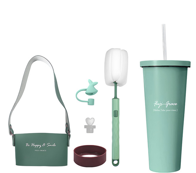 FUJI-GRACE 富士雅麗 陶瓷易潔隨行吸管杯全套組, 雪松灰綠, 1組, 710ml