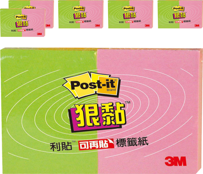 3M Post-it 利貼 狠黏便條紙 621S-2 7.6 x 5 x 1cm 30g, 粉色 + 綠色, 180張, 6組
