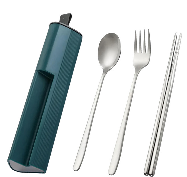Mass 生活好物 304不鏽鋼環保餐具三件組 (筷子+湯匙+叉子) 便攜露營餐具組 墨綠色, 1組