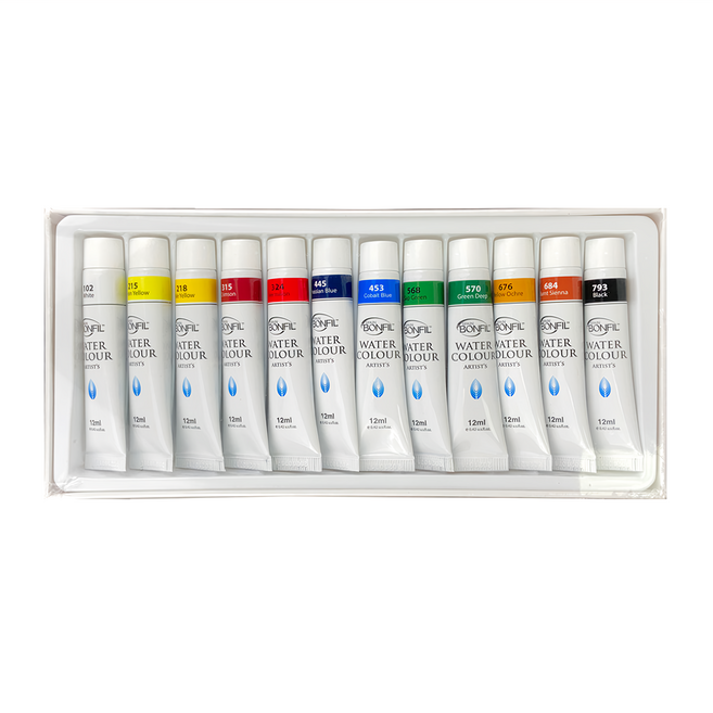 Bonfil 透明水彩顏料套裝, 12ml, 12色