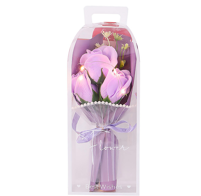 六分埔禮品 人造花 LED3玫瑰珍珠紗香皂花束, 1件, 紫色