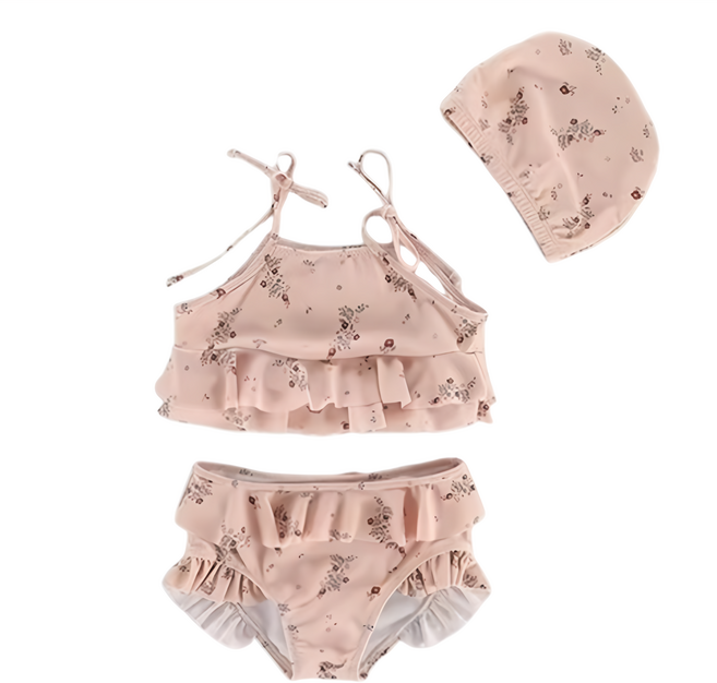 愛北鼻之家 INS女童泳衣 吊帶分體泳衣 + 泳褲 + 泳帽 80~90cm適用