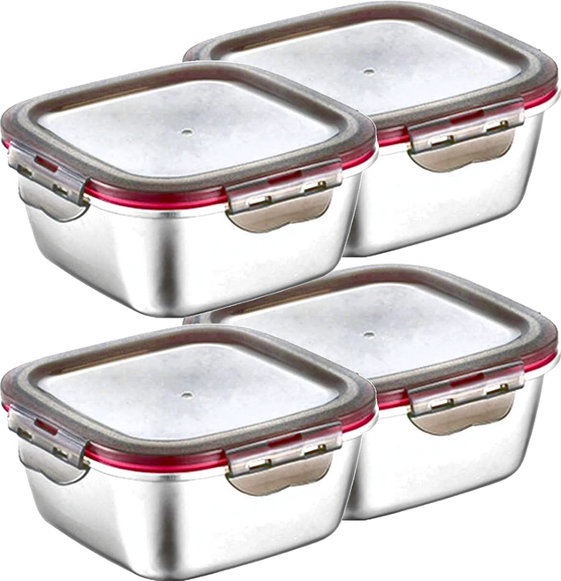 304不鏽鋼 正方形趣味保鮮盒 可微波 14 x 14 x 7cm, 1個容器 + 1個蓋子, 4組