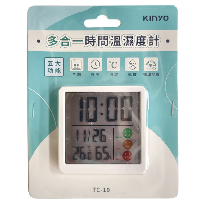 Kinyo 多合一時間溫濕度計, 白色, 1個
