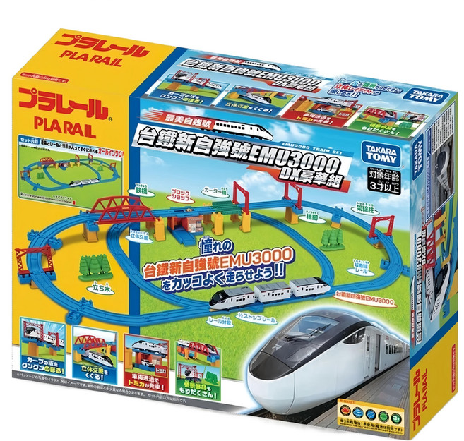 TAKARA TOMY PLARAIL 鐵道王國 台鐵 新自強號 EMU3000 豪華組 956761, 白色車頭車廂 + 藍色軌道, 1盒