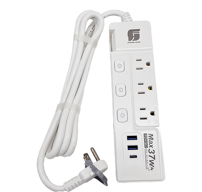 FONG HUA 崶華 按壓式4開3插氮化鎵PD37W延長用電源線組 3孔 PT43PD-6, 1.8m, 素色 延長線 白色, 1條