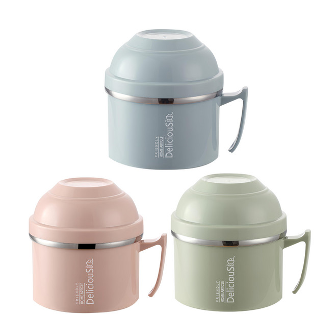 雙層304不鏽鋼保溫泡麵碗 3入 蓋子可當碗 底部採凹凸設計 螺旋卡扣, 粉+綠+藍, 1200ml, 1組