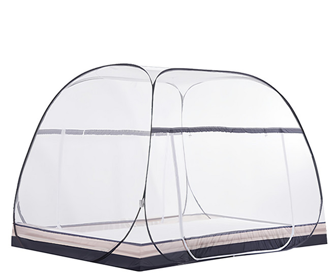 台灣 Life plus 2024夏季最新款 雙人加大加寬加高免安裝蒙古包雙開門蚊帳 1.32kg, 條紋灰