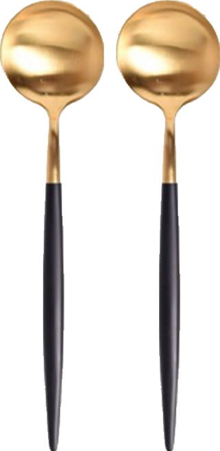 歐風餐具 304不鏽鋼餐勺 黑金 表面拉絲質感 握柄加長 堅固耐用 攜帶方便 環保健康, 2支