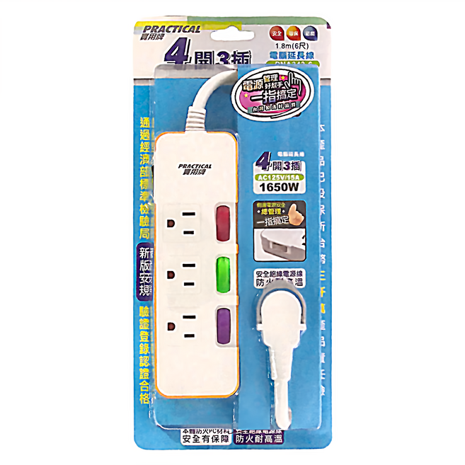 PRACTICAL 實用牌 4開3插延長線 3孔 PNA343-6, 1.8m, 白色, 1個