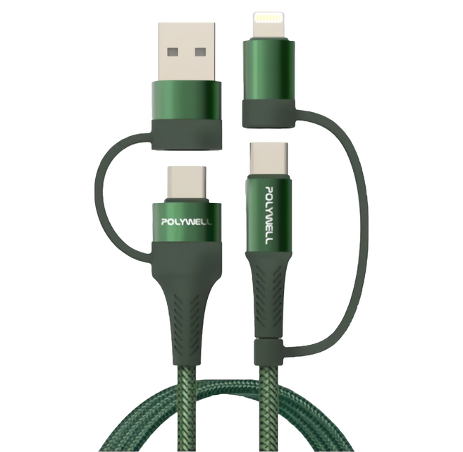 POLYWELL 寶利威爾 USB-C/Lightning/USB-A 四合一PD編織快充線 PW15-W45-A275, 綠色, 1條, 2m