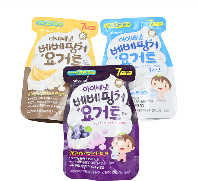 韓國 ivenet 優格豆豆餅 7個月以上 3包, 香蕉 + 原味 + 藍莓, 60g, 1組