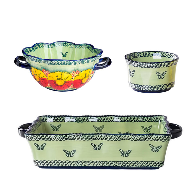 歐陸瓷具 手工彩繪波蘭風雙耳大烤盤 + 烤盅, B款莫妮卡, 1組