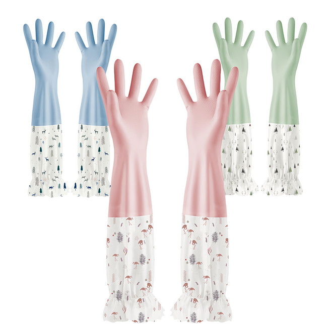 Most Pick 內刷毛鬆緊款長橡膠手套, L(46 x 10cm), 藍色 + 粉色 + 綠色, 3雙