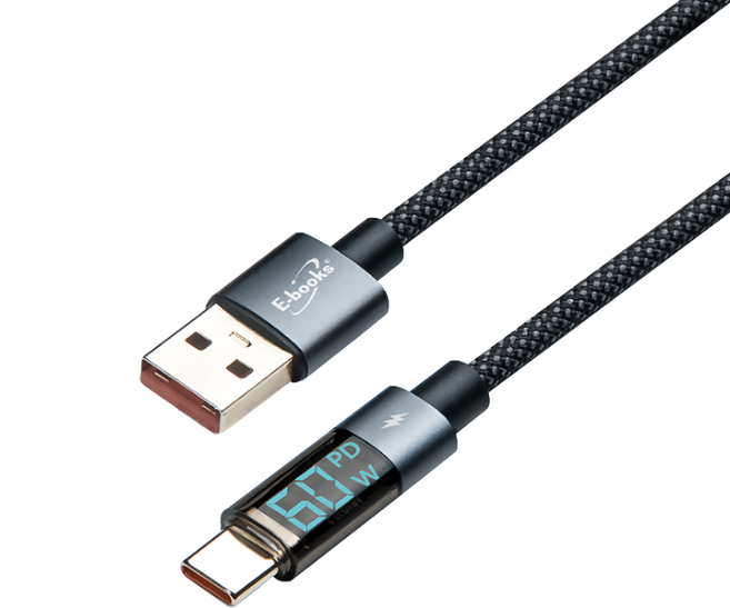 E-books 鋁製 USB-A to C 60W數位顯示充電傳輸線 支援PD快充 3A大電流, 1m, 1條, 黑色