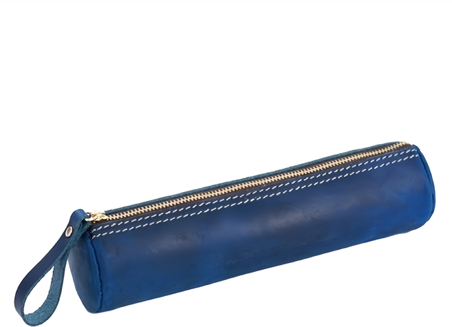 真皮頭層瘋馬牛皮圓筒筆袋 長度20.5cm, 瘋馬藍, 1個