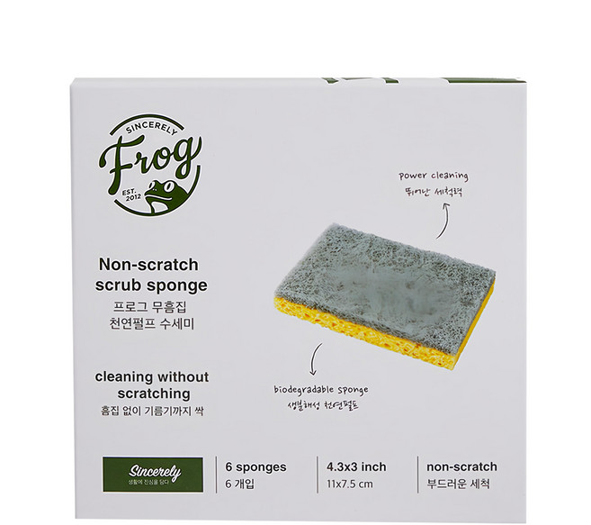 SINCERELY Frog 天然無痕雙面菜瓜布 不刮傷 11x7.5 公分 強力清潔 可生物分解, 6入, 1盒