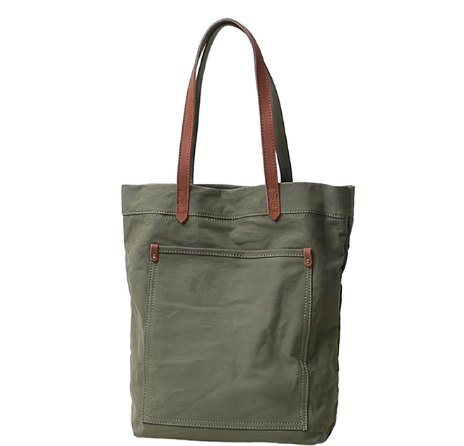 帆布配頭層皮肩背斜背女包 豎款, 軍綠色