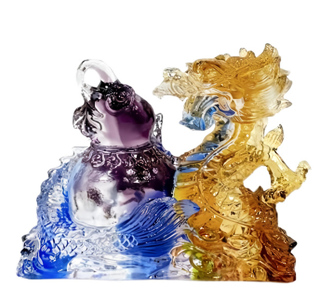 開運擺件 雲彩琉璃祥龍如意 附盒子 13.5 x 10.5 x 6cm 721g, 1個, 雲彩琉璃