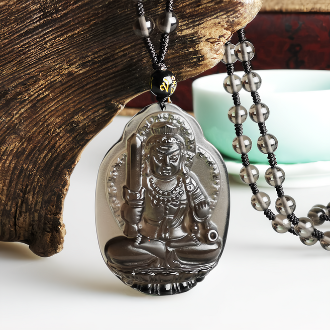 財神小舖 生肖雞 不動明王本命佛 頂級冰晶黑曜石項鍊 本命佛 5.3 x 3.8cm 全長62cm, 透明色 + 灰色, 1條