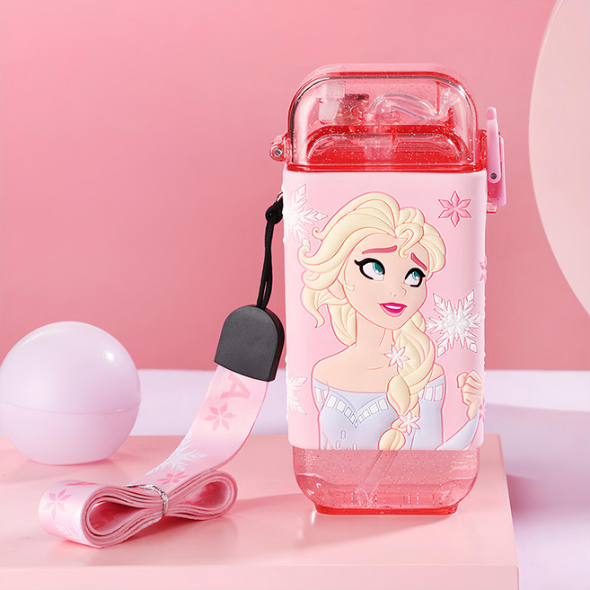 fisher-price 費雪 迪士尼立體3D圖案矽膠包覆方形兒童用吸管水壺, 1個, 280ml, 粉色愛莎